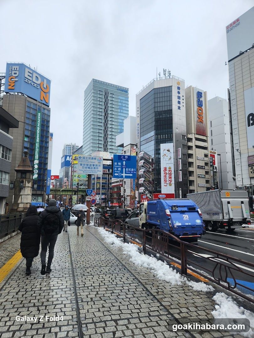 Urban street scene with pedestrians and vehicles
