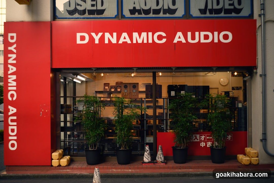 A red storefront with 'DYNAMIC AUDIO' signage above the entrance and on the side wall. Inside, shelves display audio equipment like speakers and amplifiers. Potted plants line the sidewalk in front of the shop.