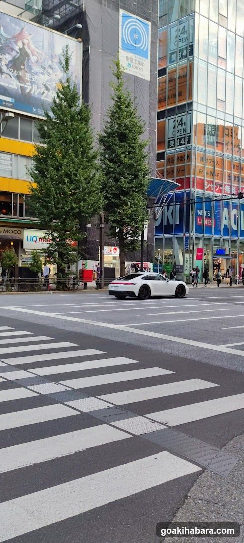 Urban street scene with crosswalk and white sports car