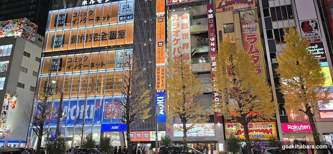 Night street scene with illuminated buildings and autumn trees