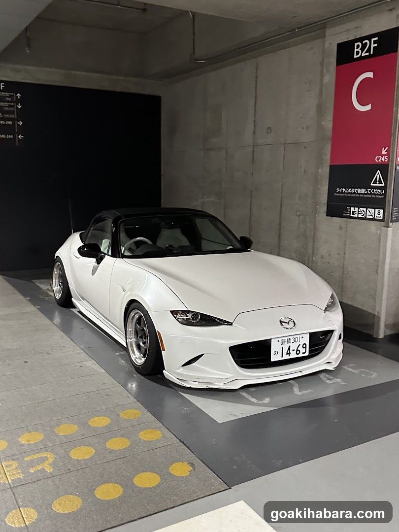 White Mazda MX-5 in Parking Garage
