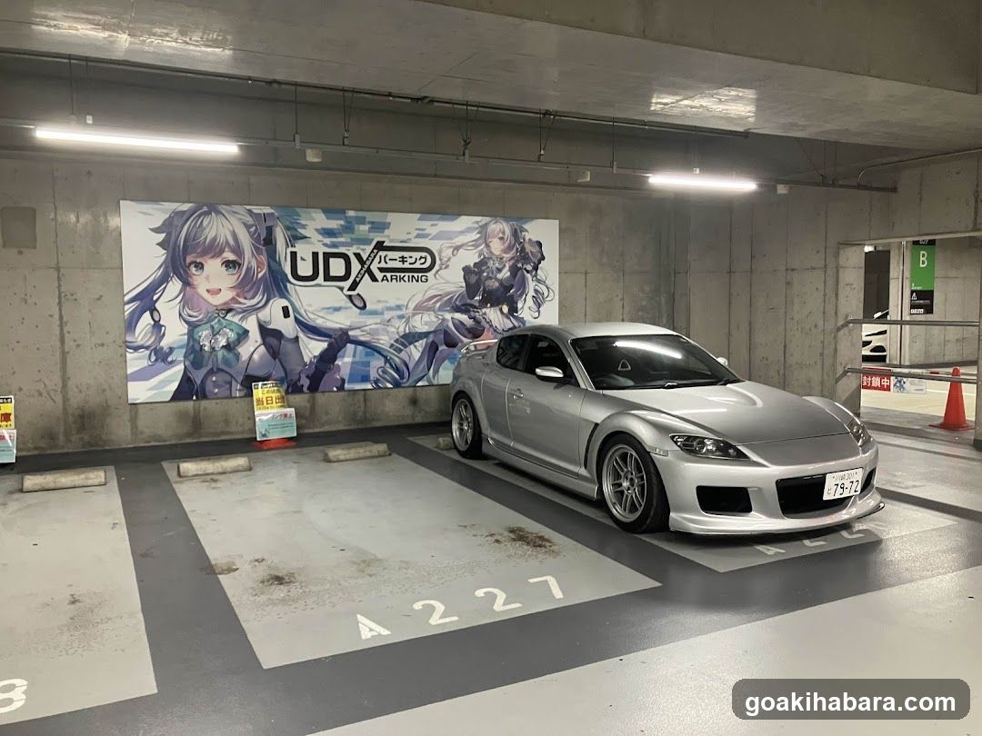 Parking Garage with Anime Poster and Sports Car