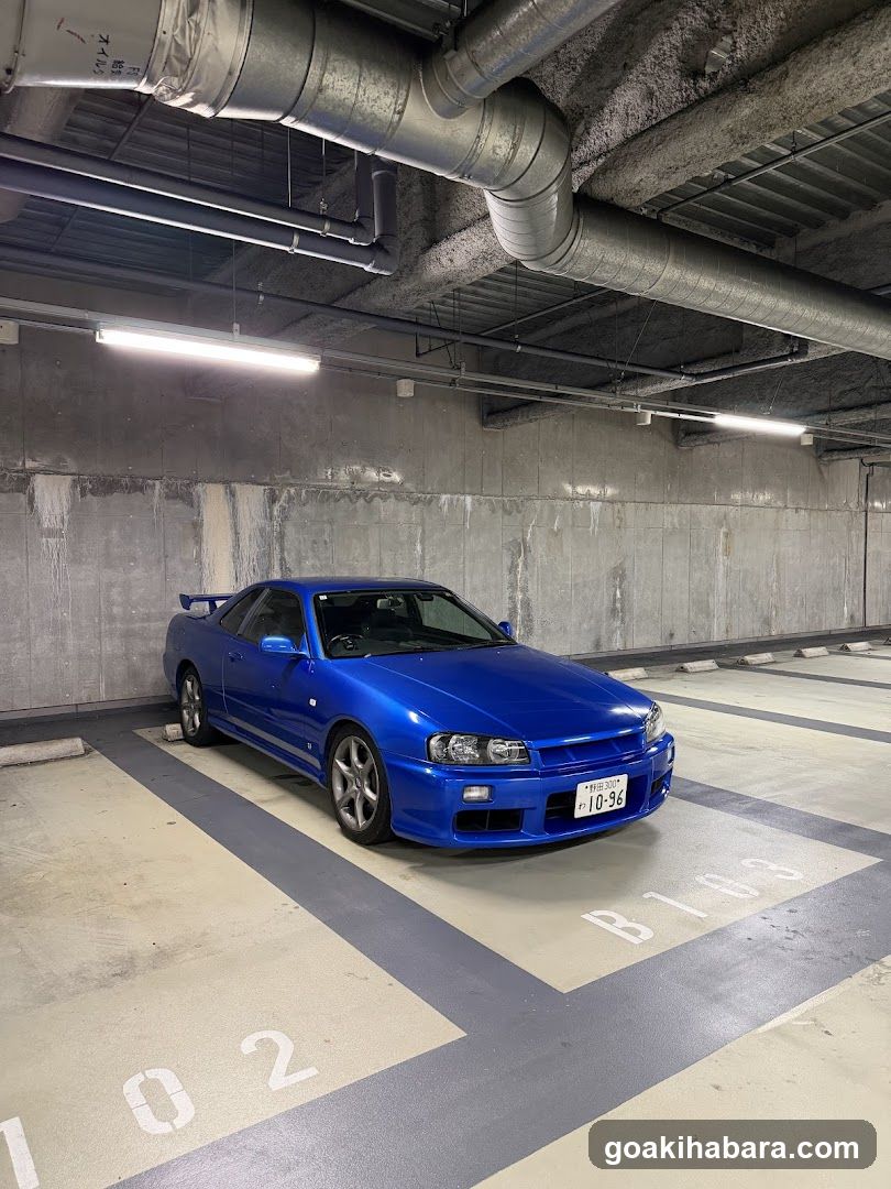 Blue Nissan Skyline GT-R in Parking Garage