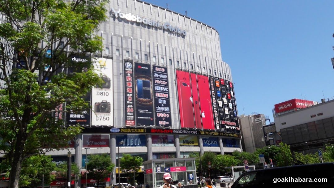 Yodobashi Camera exterior with advertisements
