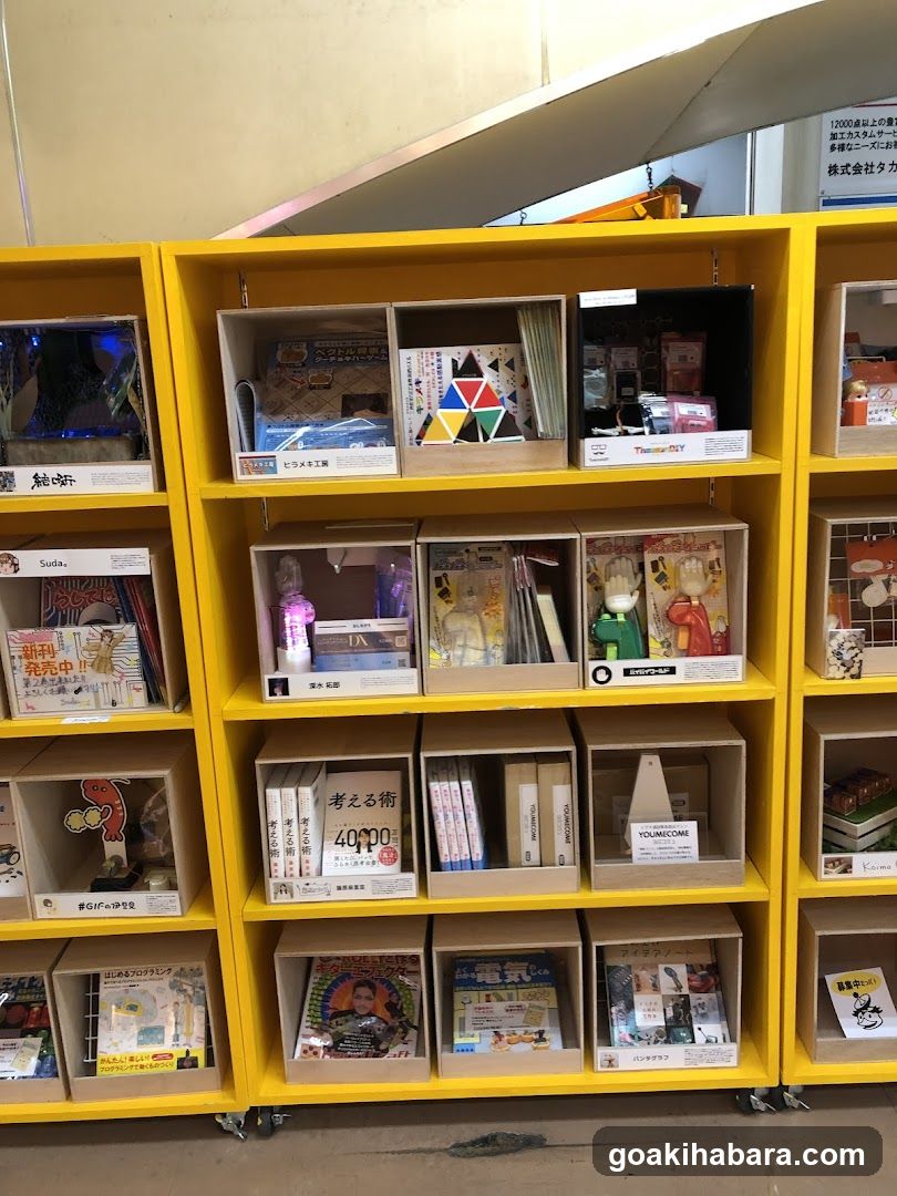 Yellow Display Shelves with Merchandise and Books
