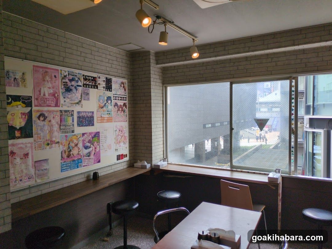 Interior of a cafe or shop with posters and window view