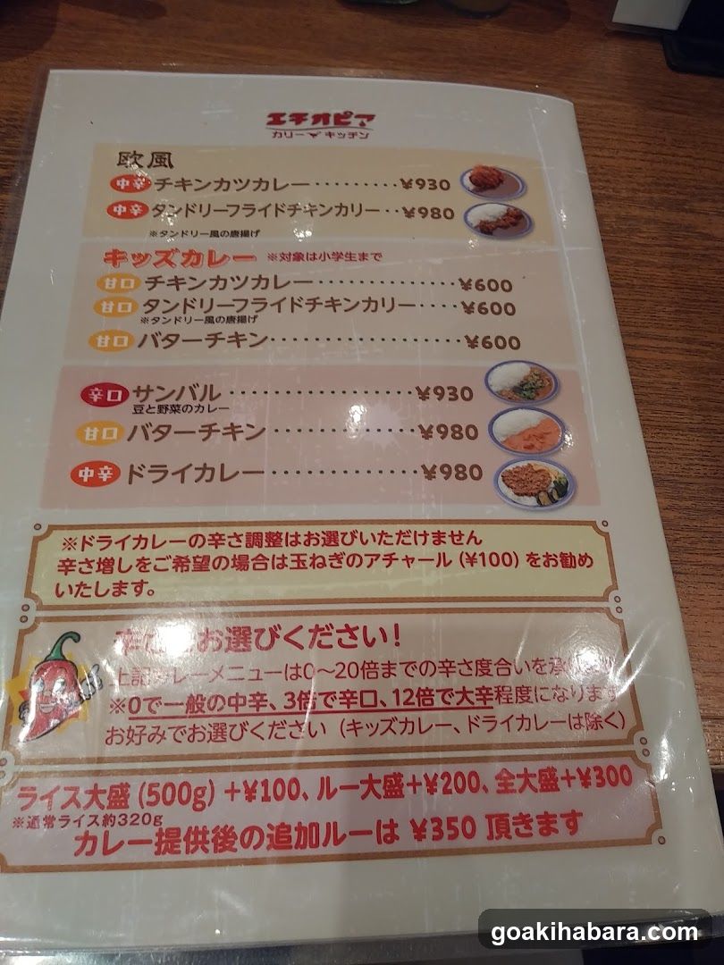 Echigo Kappo Curry Menu