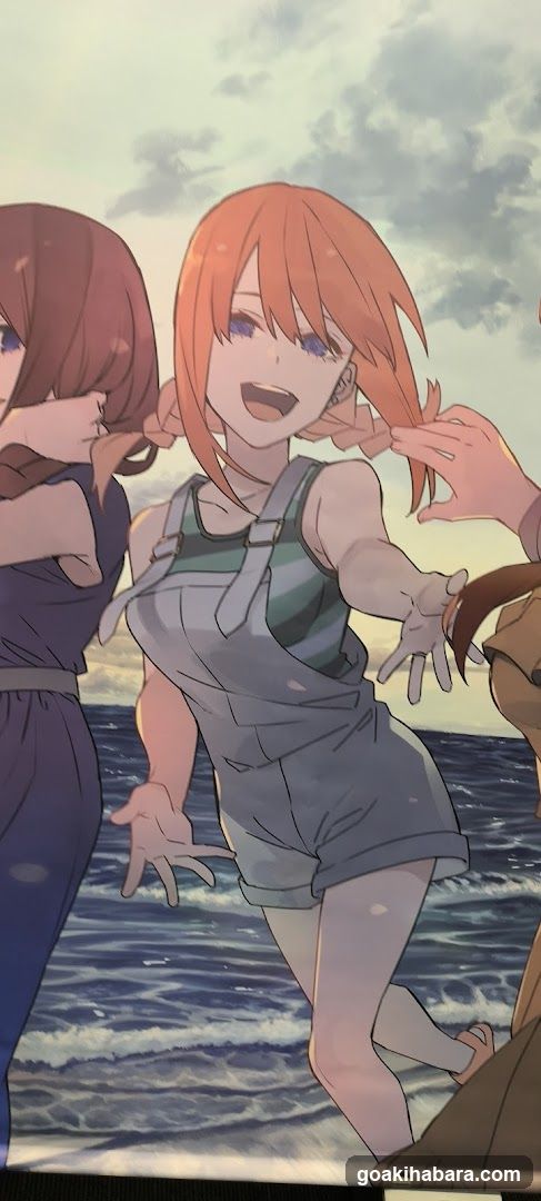 Anime-style beach scene with characters in overalls