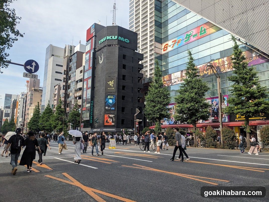 Urban Street Scene with Pedestrians and Buildings