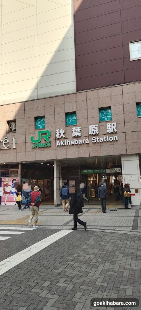 Photo of the physical exterior entrance and storefront facade of Akihabara Station, featuring visible signage including 'JR' logo and station name in Japanese and English. Pedestrians are walking near the entrance.