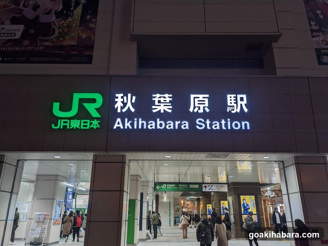 Night view of Akihabara Station entrance with illuminated signage displaying 'JR' logo and Japanese/English station name. Pedestrians entering/exiting, visible advertisements on pillars, and directional signs inside the concourse.