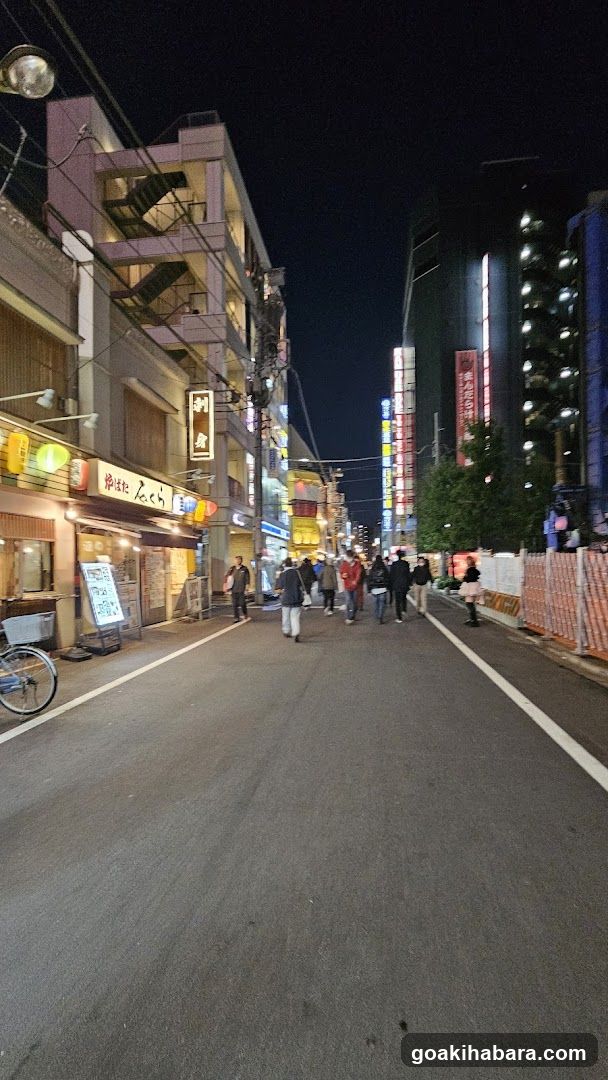 Night street scene with shops and pedestrians
