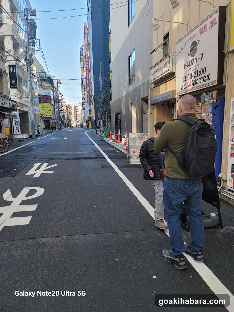 Street scene with pedestrians and shop signs