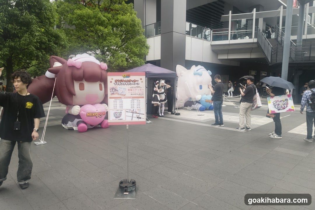 Outdoor Event with Mascot Characters and Signage