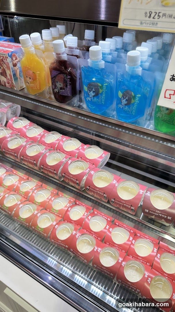 Cooler Display with Anime-Themed Drinks and Yogurt Cups