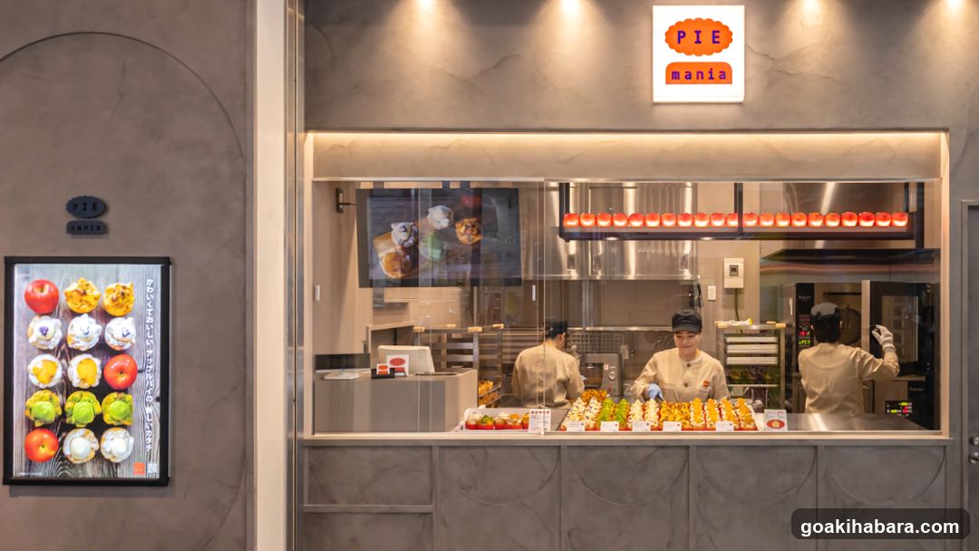 A modern shop front with a large glass window displaying staff preparing food inside. A sign above the window reads 'PIE mania'. To the left, there is a vertical menu board showing various colorful pies or desserts.