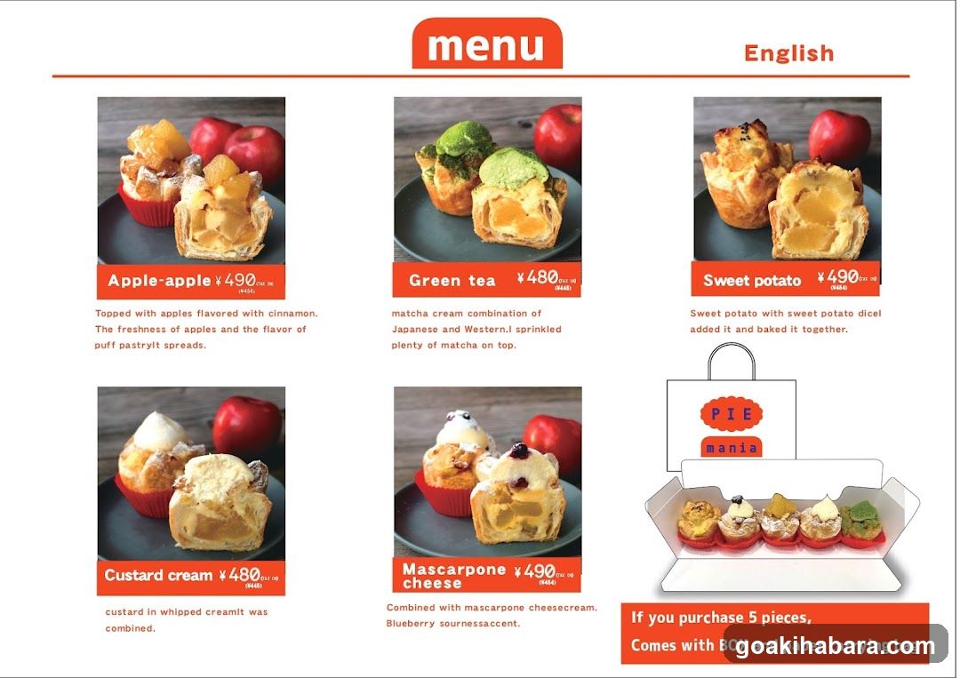 A printed menu showcasing five pastry items with prices and descriptions, including Apple-apple, Green tea, Sweet potato, Custard cream, and Mascarpone cheese pies.