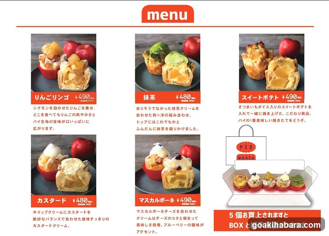 A menu showcasing five types of pies with prices and descriptions in Japanese.