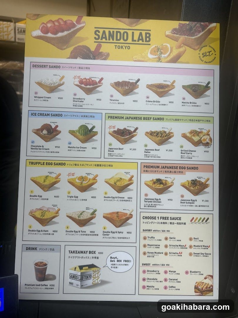 A printed menu board from Sando Lab in Tokyo, featuring various sandwich options including dessert, ice cream, beef, and egg sandos with prices listed in yen.