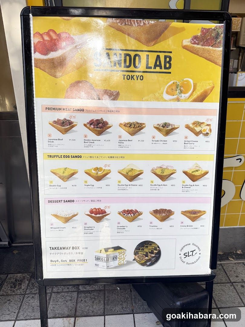 A vertical menu board displaying three categories of sandwiches: Premium Meat Sando, Truffle Egg Sando, and Dessert Sando. Each category lists six items with photos, names in English and Japanese, and prices in yen. A takeaway box promotion is shown at the bottom.
