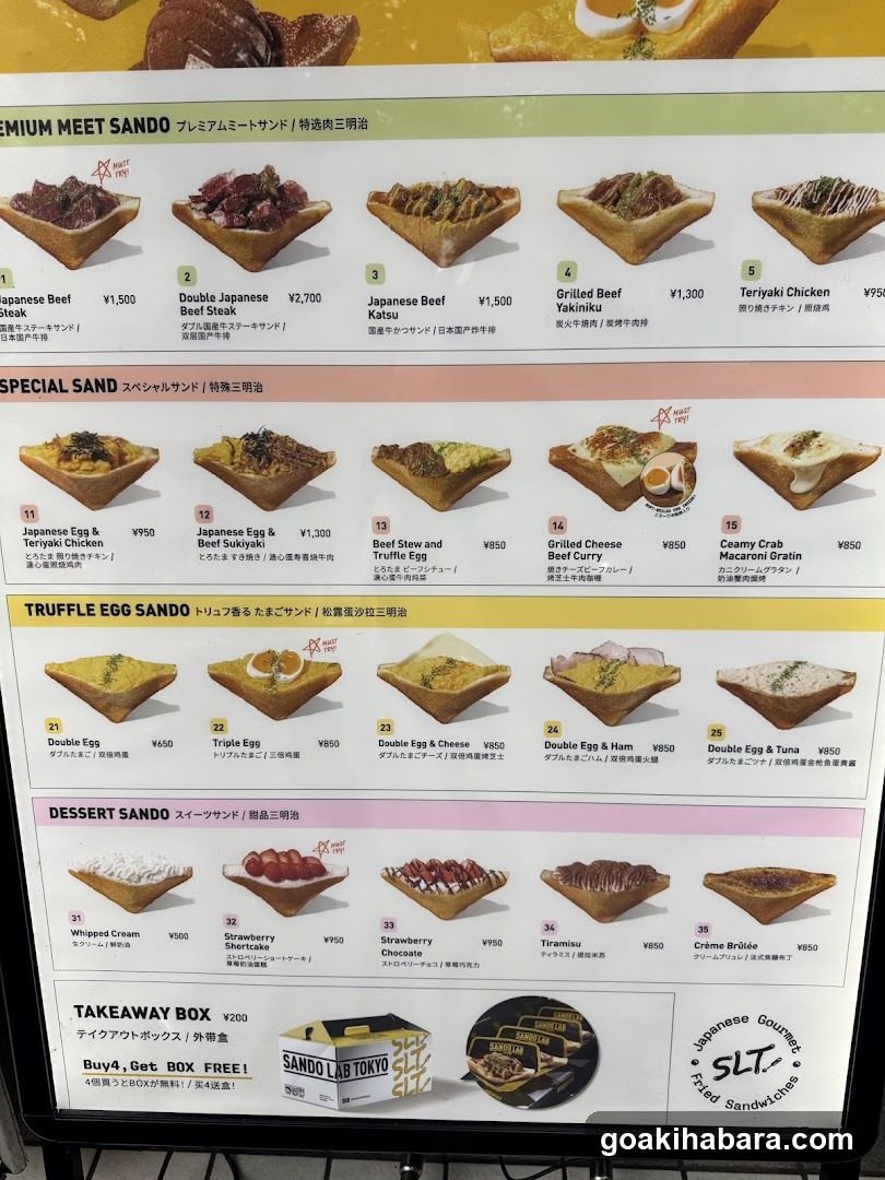 A digital menu board displaying various sandwich options from SLT, including categories like Semi-Meat Sando, Special Sand, Truffle Egg Sando, Dessert Sando, and a Takeaway Box promotion.