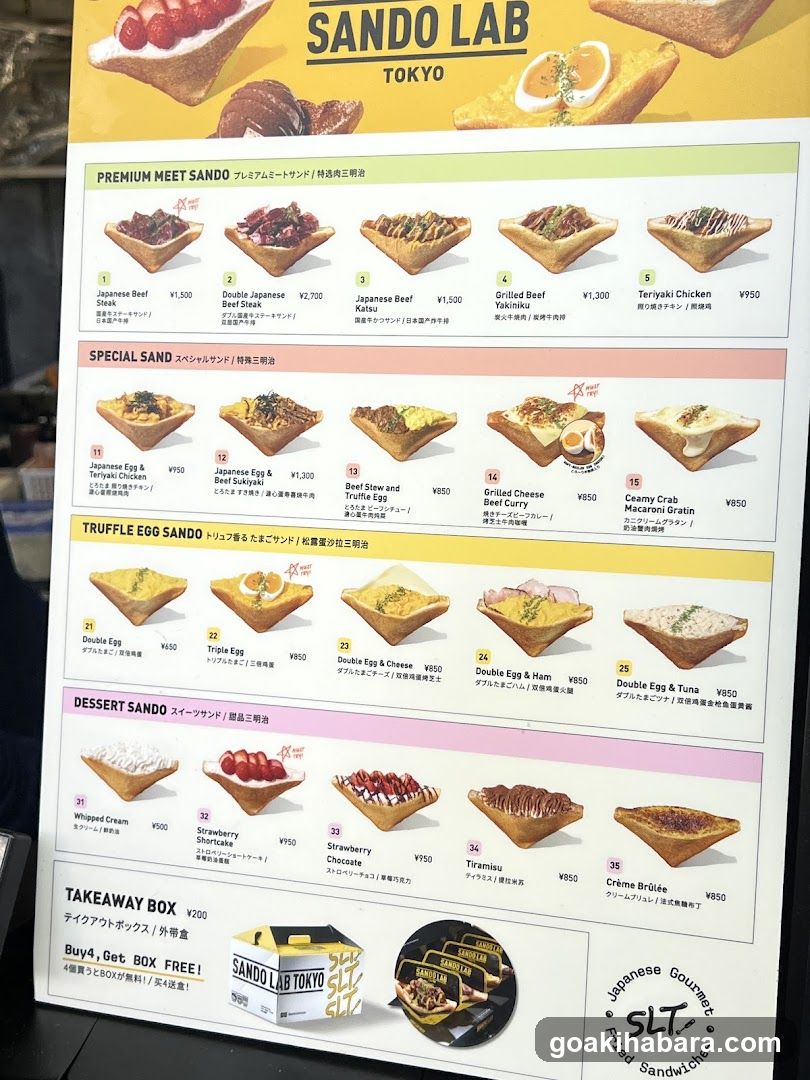 A printed menu board from Sando Lab Tokyo, featuring a variety of Japanese-style sandwiches categorized into Premium Meet Sando, Special Sando, Truffle Egg Sando, Dessert Sando, and Takeaway Box options.