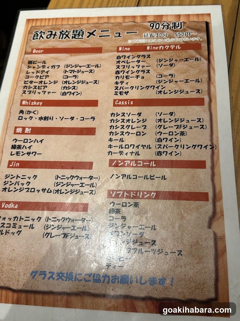 90分制飲み放題メニュー