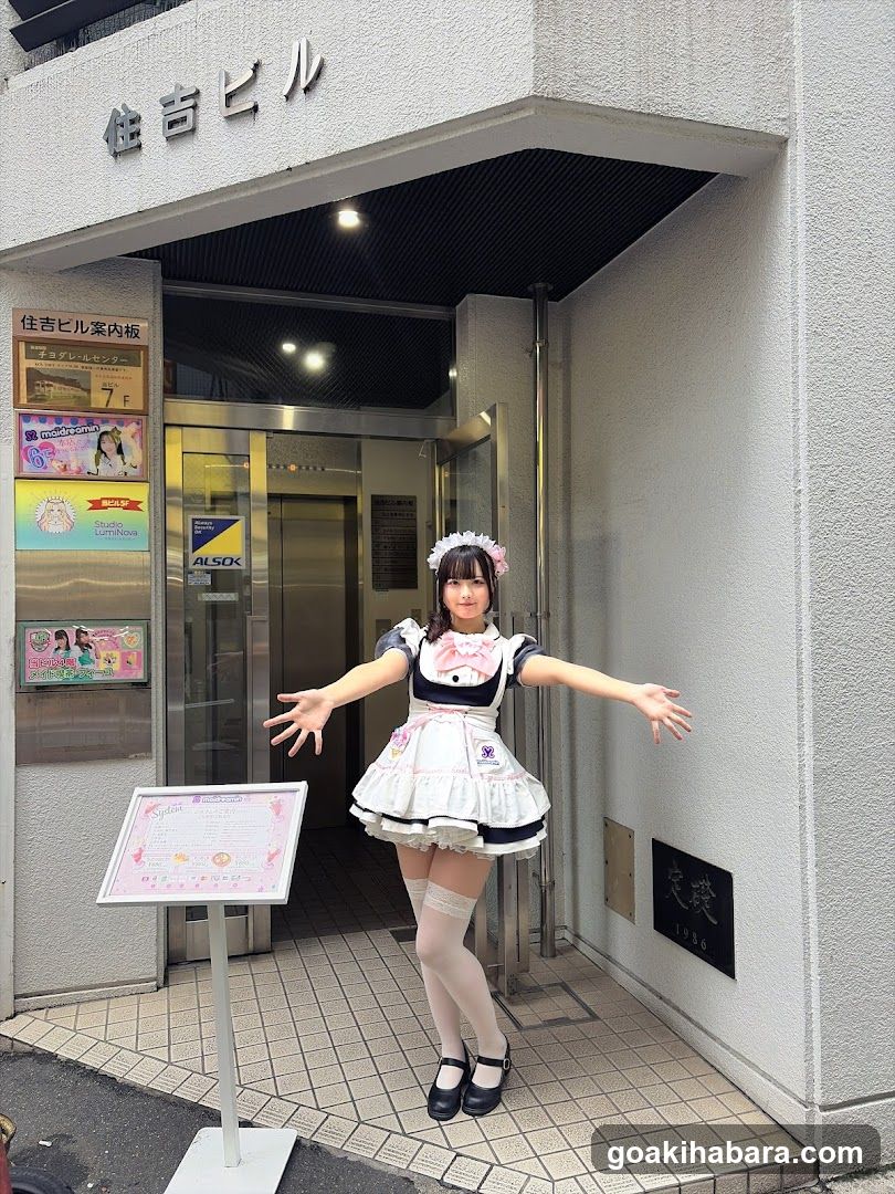 A person dressed in a maid outfit stands at the entrance of a building, arms outstretched. The building has signs indicating it is an indoor area and mentions '7F'. There are posters on the wall to the left.