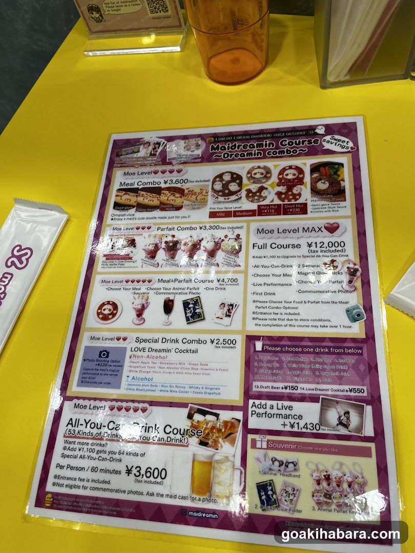 Maidreamin Course Menu