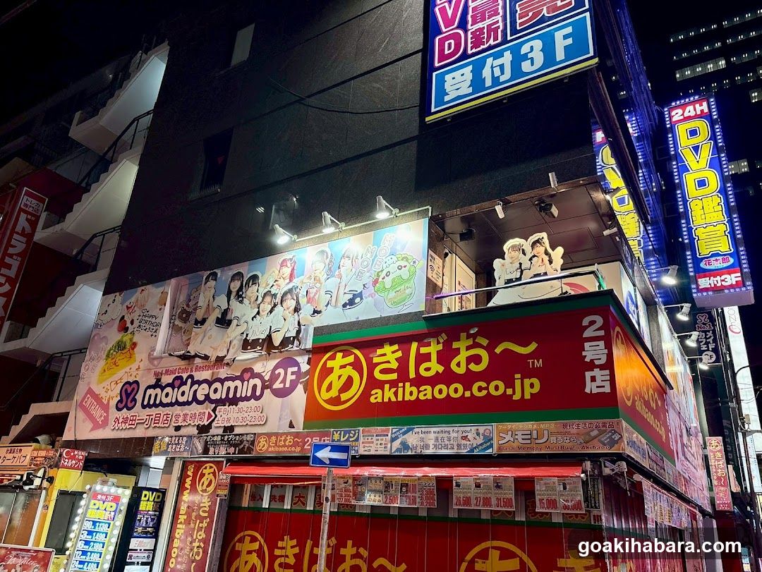 Night view of two adjacent shop fronts in a Japanese urban area. The left building features a large banner with anime-style characters and the 'maidreamin' logo, including Japanese text indicating business hours. Below it is a red awning with yellow kanji characters. To the right, a second-floor balcony displays cutout figures of maid characters. A prominent red sign reads 'akibao.co.jp' with '2号店' (Store No. 2). Above are vertical neon signs advertising DVD rentals. Lower levels show additional signage for video games and merchandise.