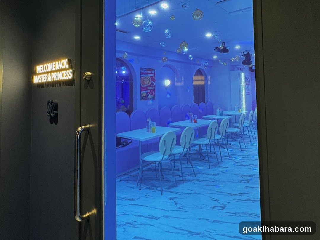 Blue-lit interior with neon sign