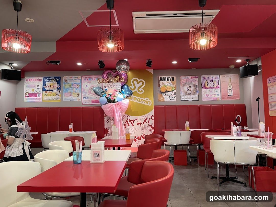 Red-themed restaurant interior with posters and decorations