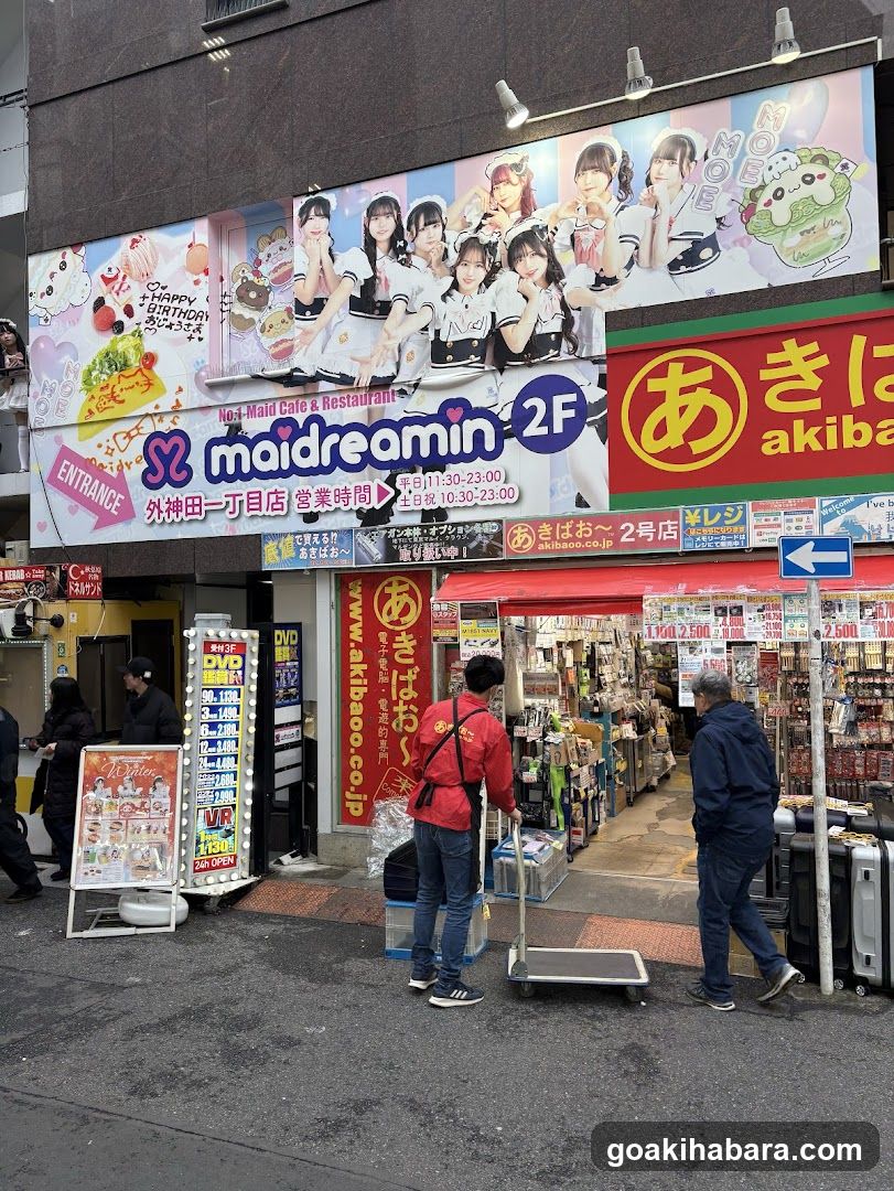 Street-level view of two adjacent shop fronts on a city sidewalk. The left building features a large banner advertising 'maidreamin' (a maid cafe) with multiple photos of women in maid costumes, alongside a pink sign reading 'maireamin 2F'. Below is an entrance marked 'ENTRANCE' and Japanese text indicating business hours. To the right is a red awning over a store labeled 'akiba' with yellow kanji characters above it. Several people are walking or standing near the entrances; one person wears a red jacket and pulls a cart. Various signs advertise DVDs, games, and other merchandise.