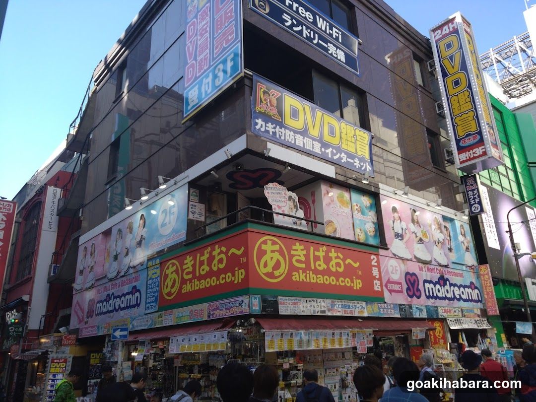A busy street corner featuring a multi-story building with prominent signage for 'akibaaoo.co.jp' and 'DVD rental'. The ground floor displays various merchandise, including posters and small items under an awning. People are walking by, indicating a lively urban environment.