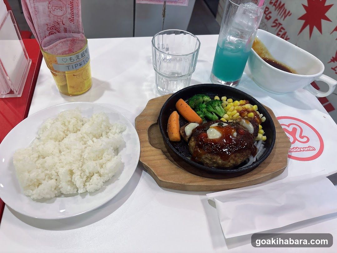 Sizzling Steak Meal with Rice and Drink