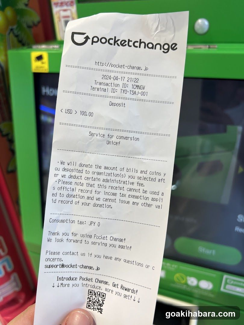 Receipt from Pocket Change ATM