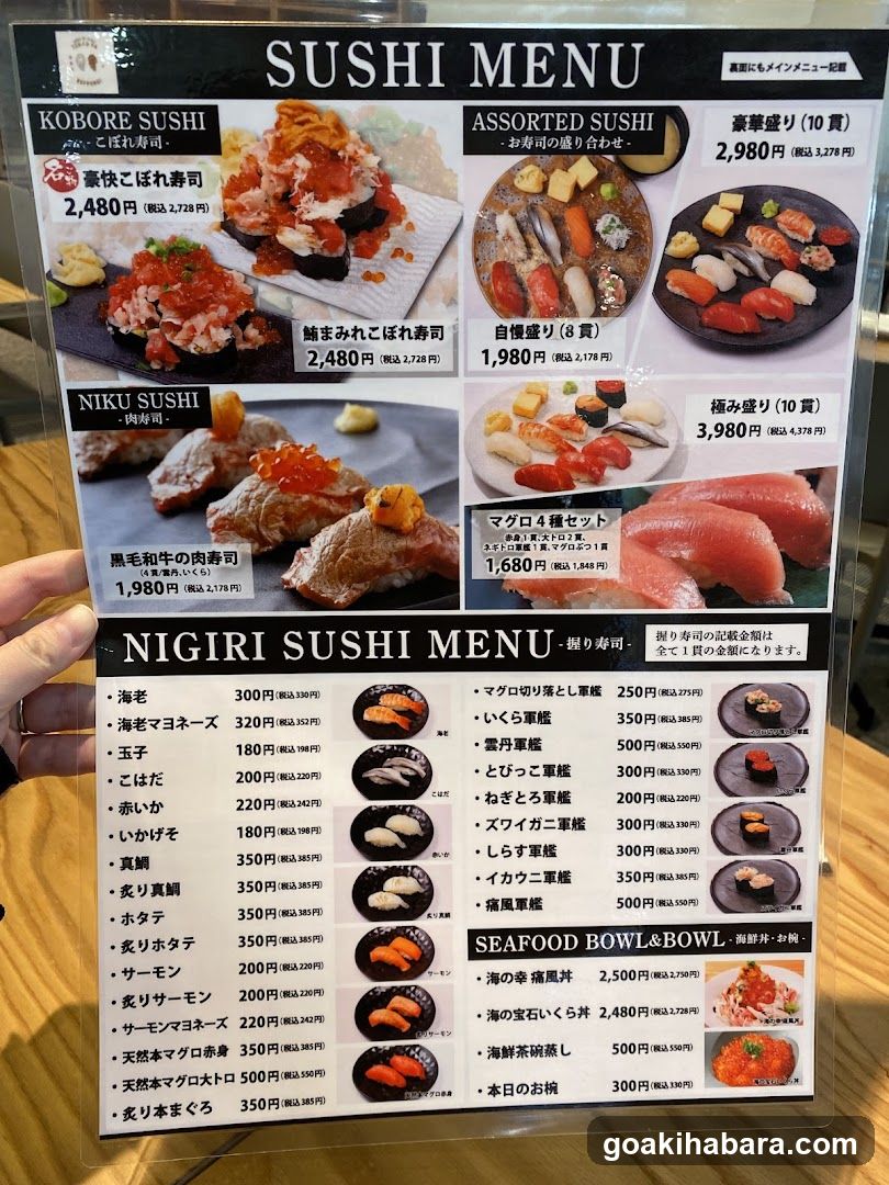 A printed sushi menu board held by a hand, displaying sections like Kobore Sushi, Niku Sushi, Assorted Sushi, and Nigiri Sushi Menu with prices in yen.