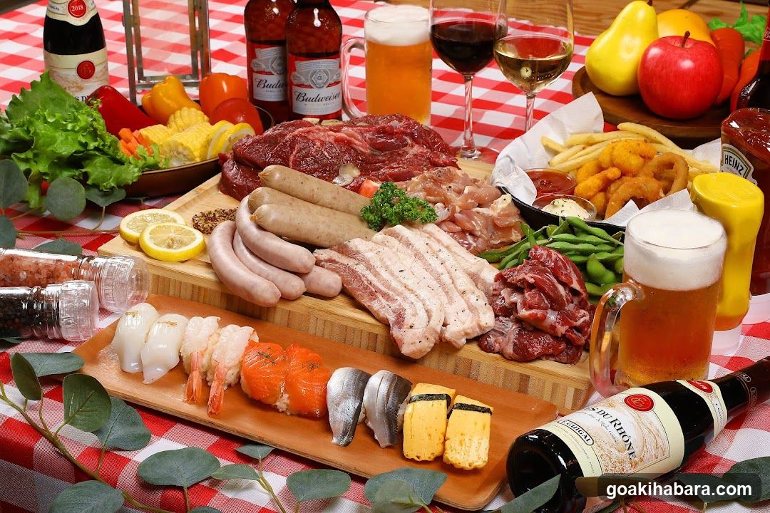 BBQ Spread with Sausages, Meat, and Seafood