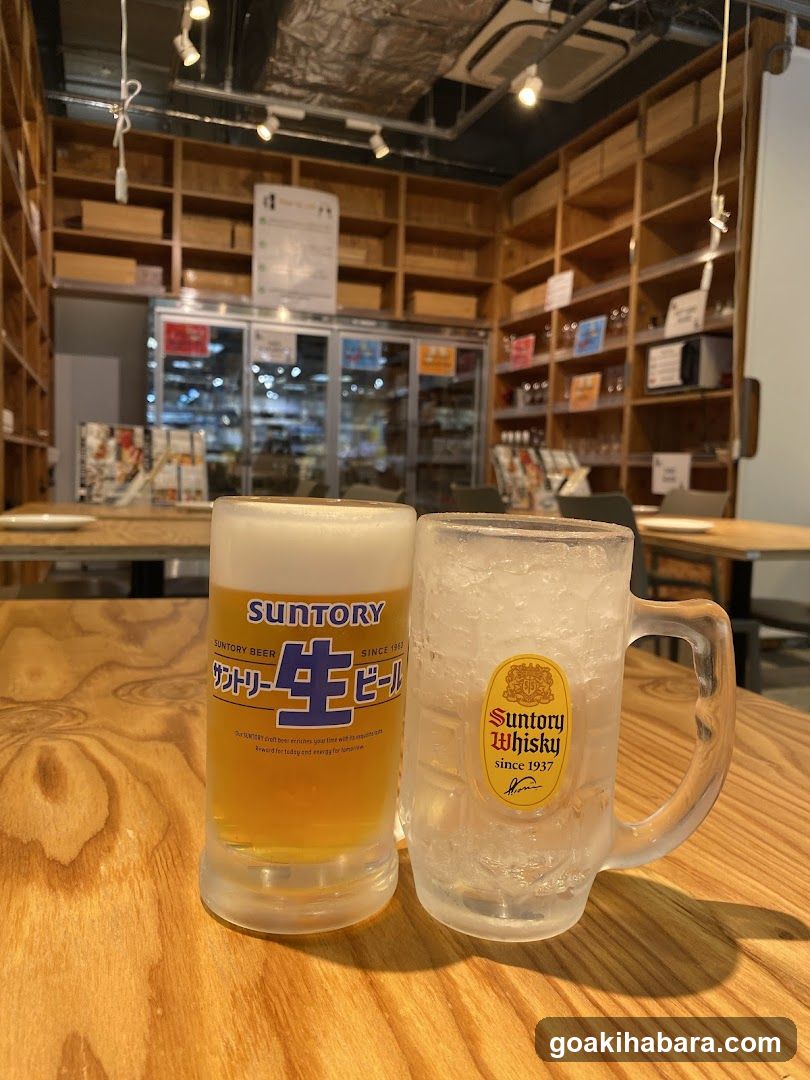 Suntory Beer and Whisky on Wooden Table