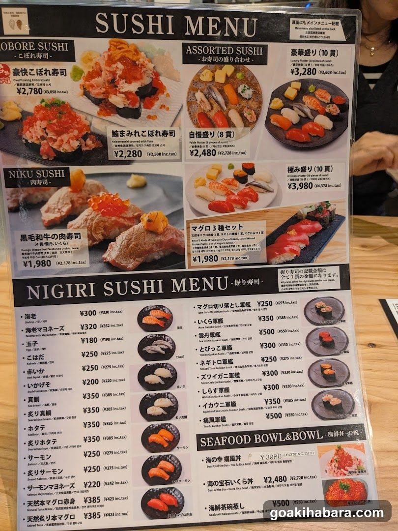 A detailed sushi menu board featuring various sections including Obore Sushi, Assorted Sushi, Niku Sushi, and a comprehensive list of nigiri sushi with prices in yen.
