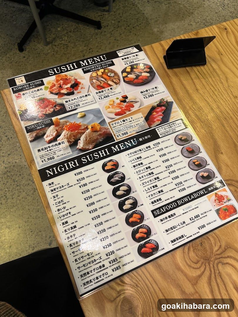 A close-up of a sushi menu on a wooden table, featuring sections like 'Roboto Sushi', 'Nigiri Sushi', and 'Seafood Bowl & Bowl'. The menu includes prices in yen and images of various sushi dishes.