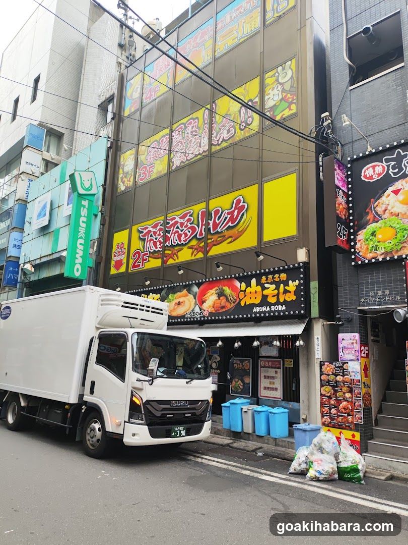 Street scene with truck and shop signs