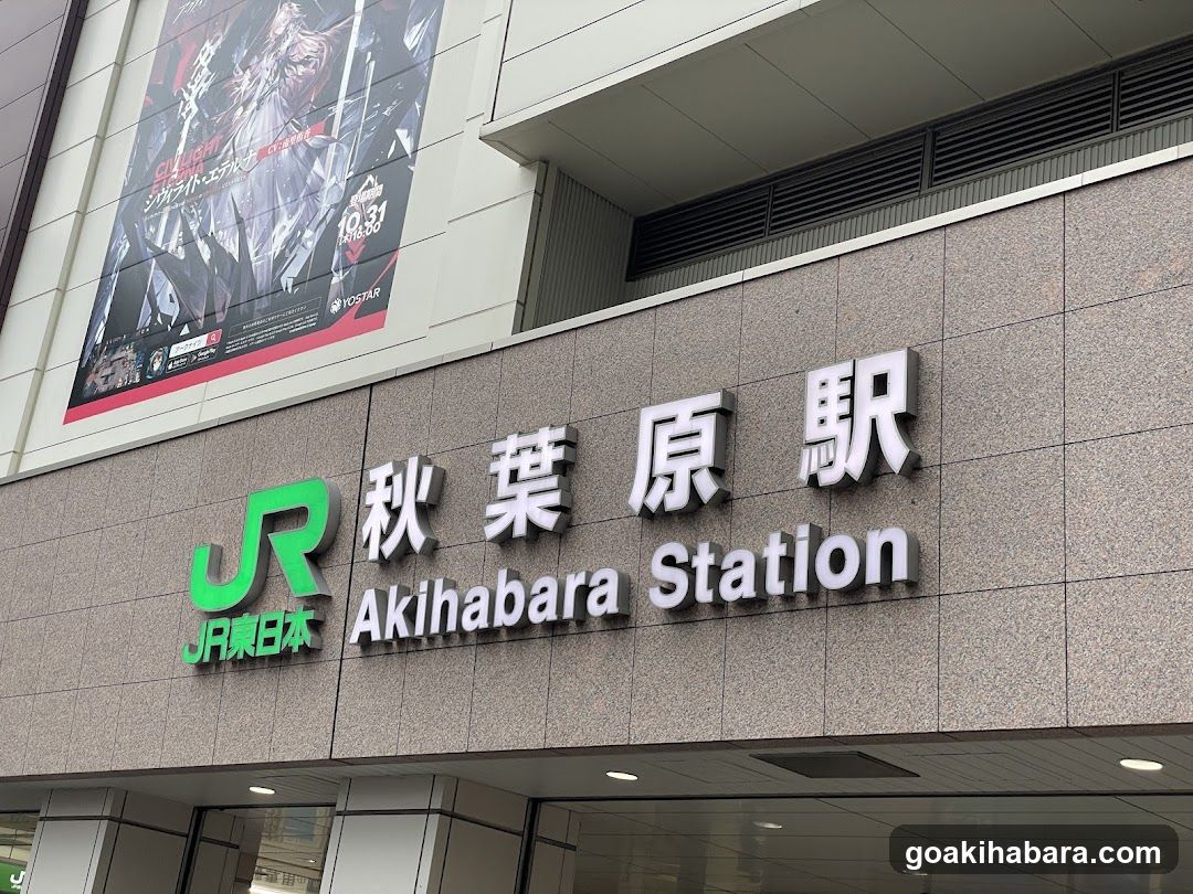 Photo of the exterior entrance facade of Akihabara Station, featuring a large sign with Japanese characters '秋葉原駅' and English text 'Akihabara Station'. The JR East logo is prominently displayed in green on the left side of the sign. Above the station signage, there is an advertisement poster for a game or anime event.