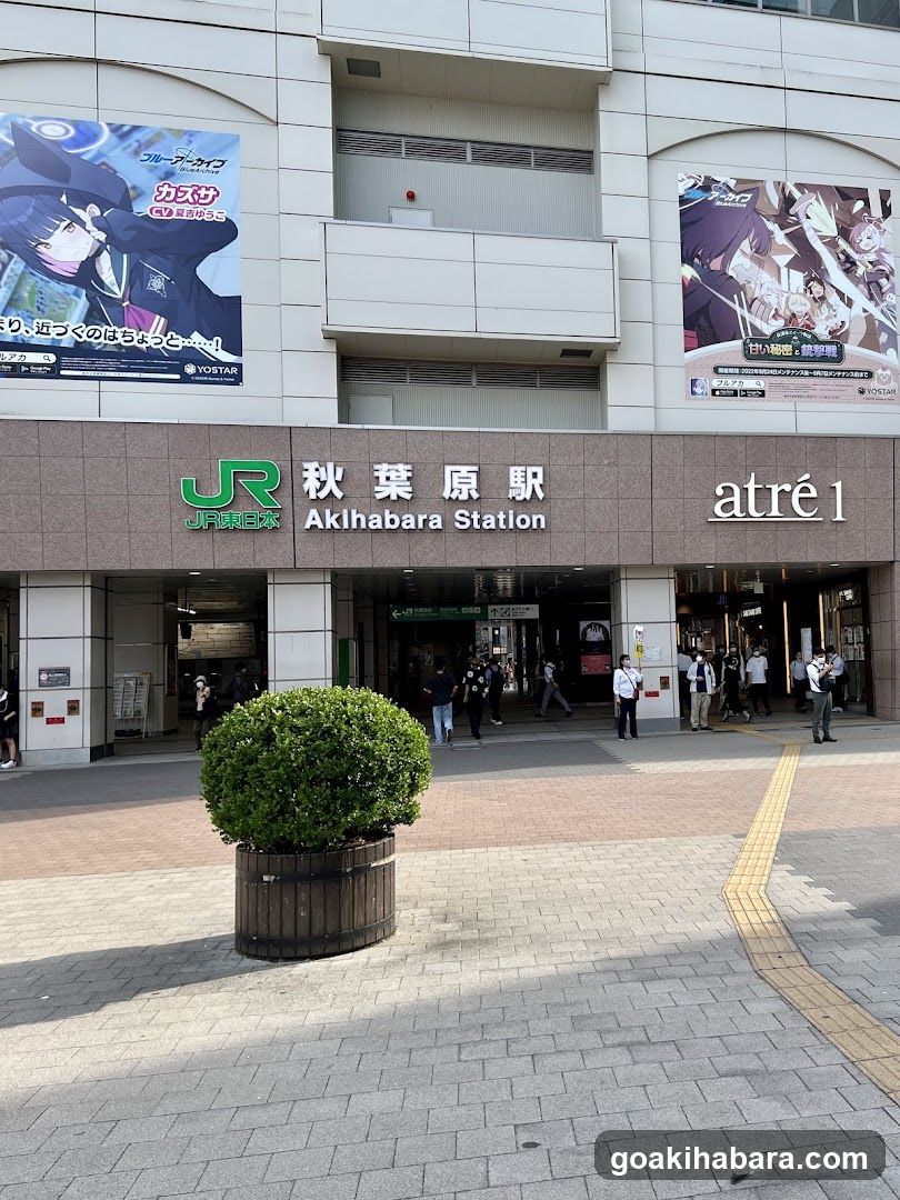 Photo of the physical exterior entrance to Akihabara Station, featuring visible signage including 'JR' logo and station name in Japanese and English. Adjacent storefront displays anime-themed advertisements above the entrance. The scene includes pedestrians near the walkway and a potted shrub in front.