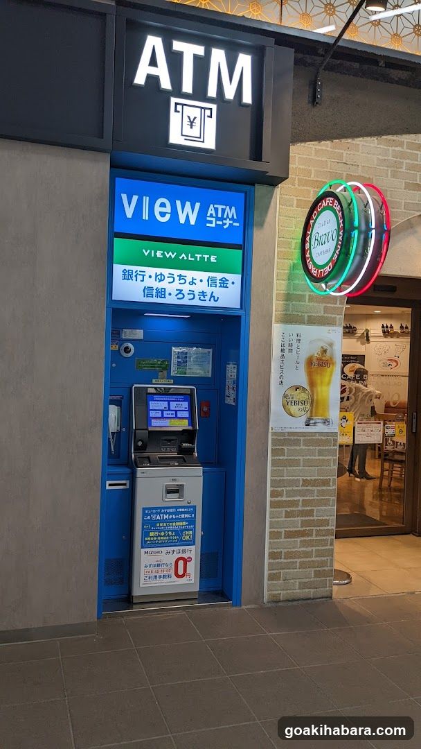 A blue View ATM machine is installed in a recessed area under an illuminated 'ATM' sign with yen symbol. To the right, a neon circular sign reads 'Bravo CAFE & BAR'. A poster advertises Yubero beer next to the entrance door.