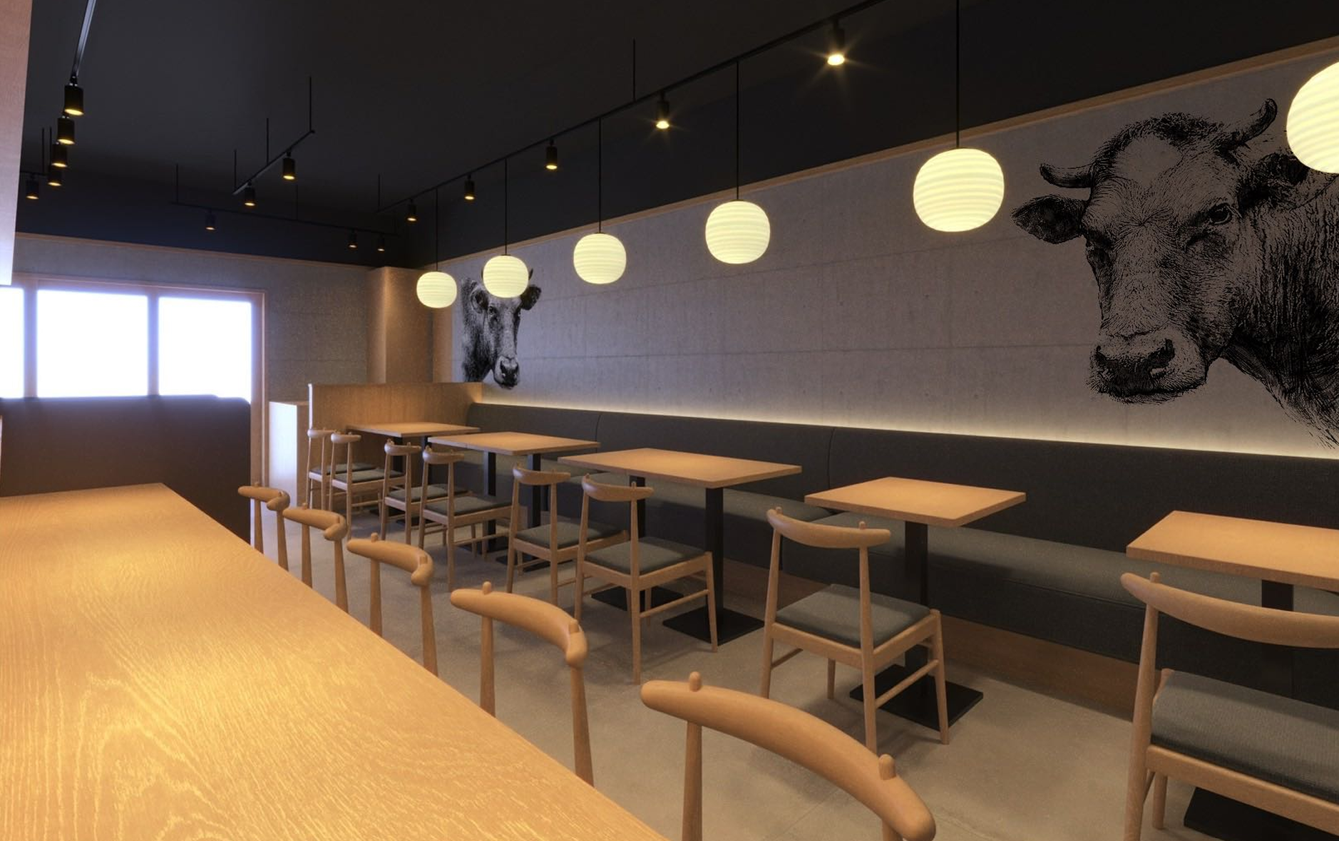 Wood-grained counter seating at Gyutan no Lemon Akihabara where diners watch the chef grill over binchotan charcoal