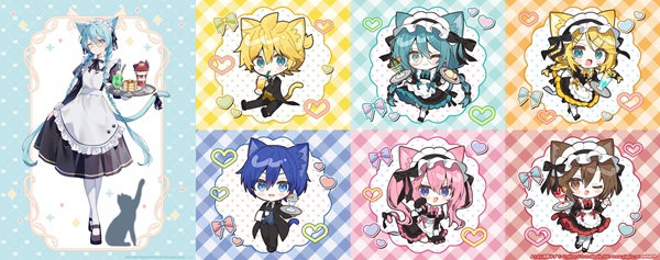 Collab cafe visual for the Hatsune Miku Akihabara Festival with Piapro Characters as cat-eared cafe staff drawn by Tomari and Amino Mizu