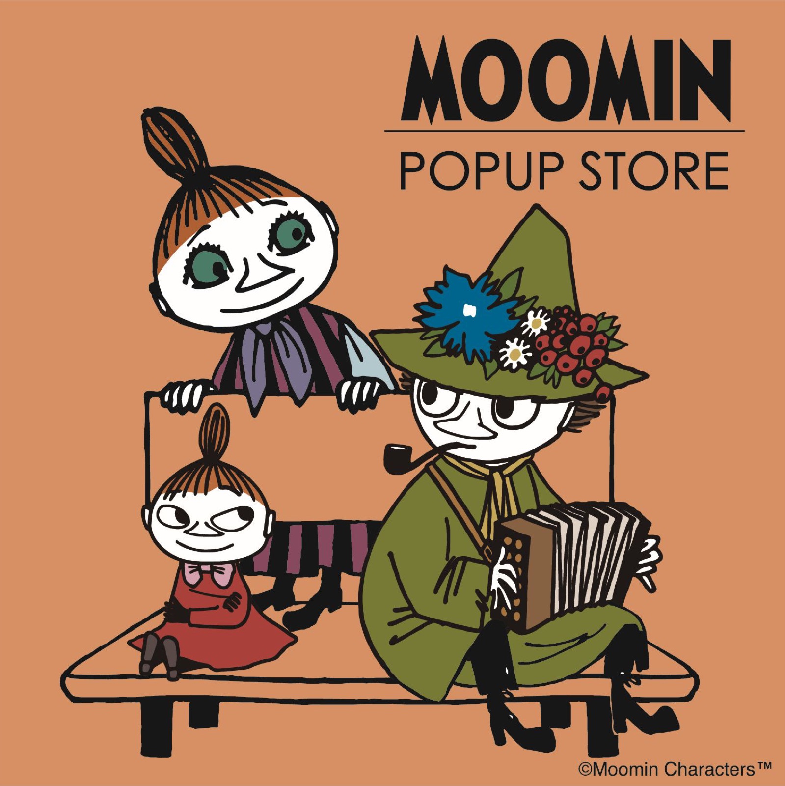 Moomin characters on a bench, MOOMIN POPUP STORE visual